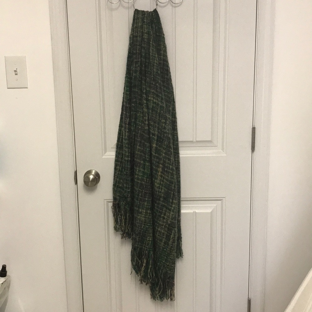 Soft woven scarf, green, purple, cream, and grey